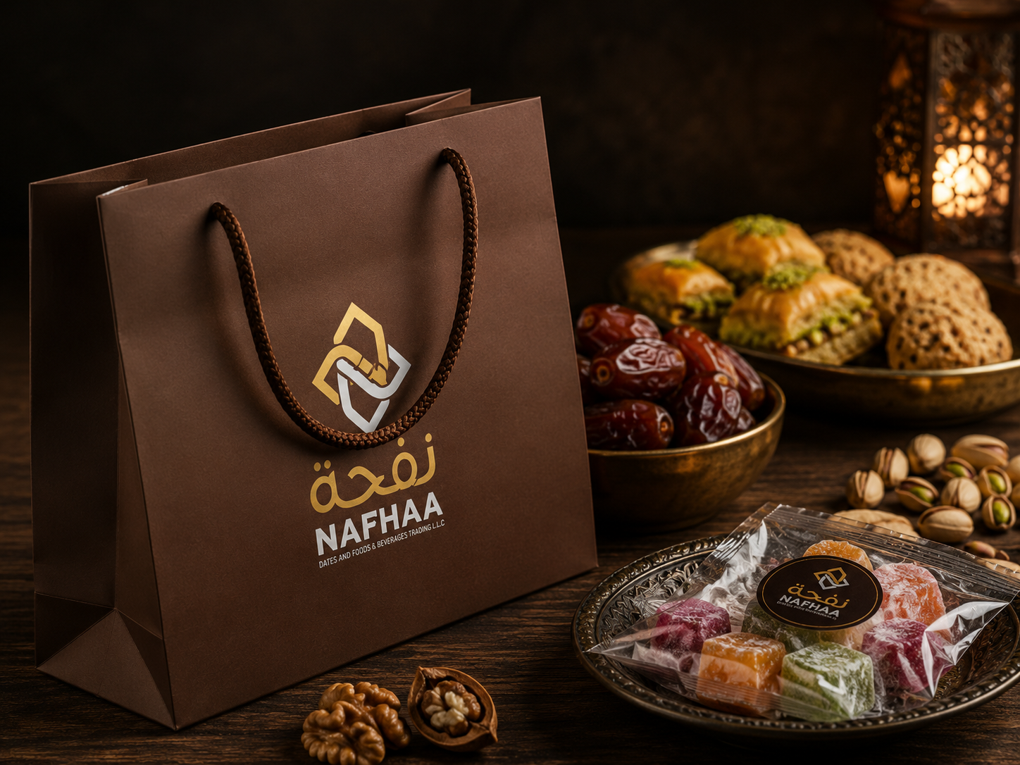 NAFHAA branded gift bag with dates, Arabic sweets, nuts and confectionery