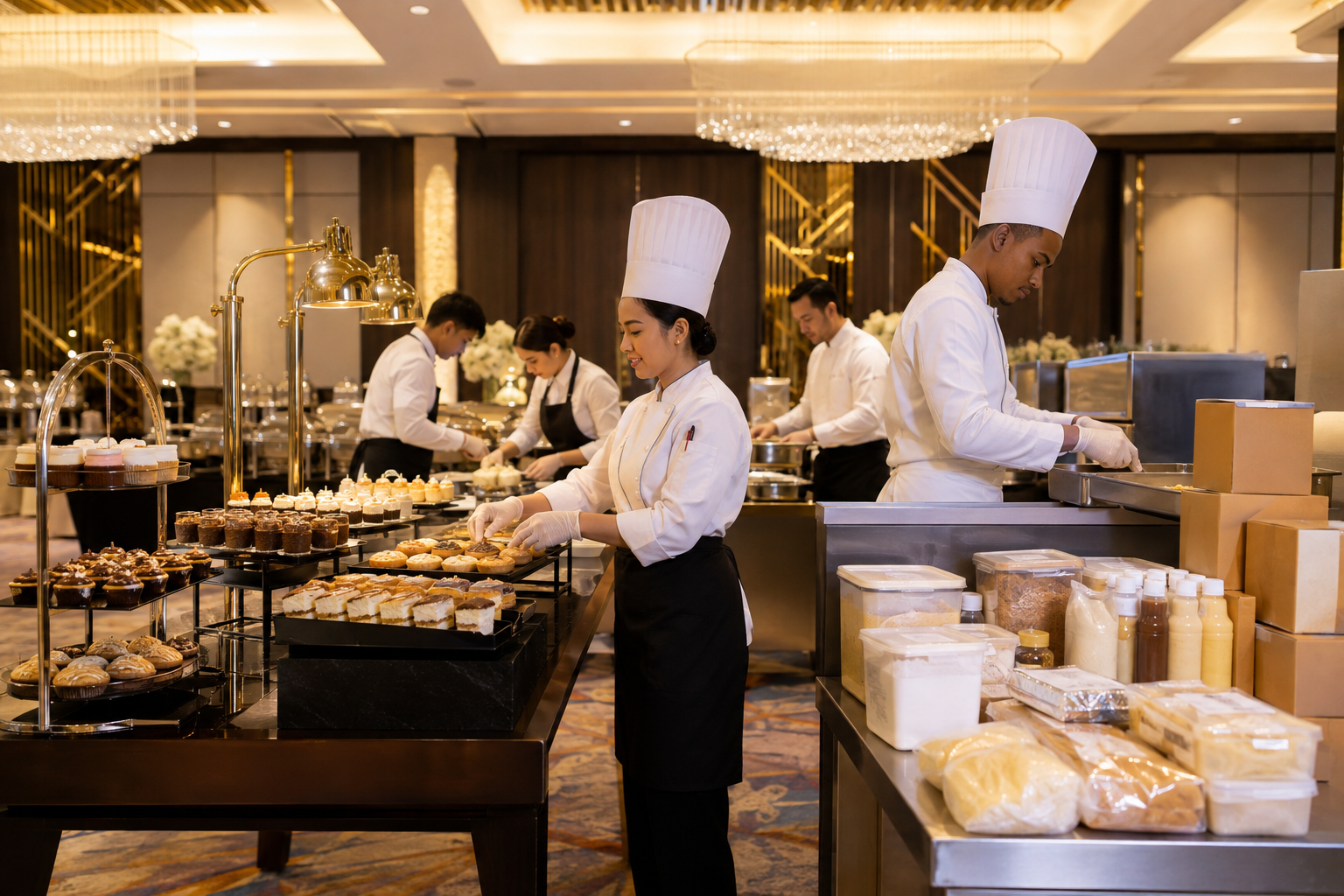 Professional catering team preparing an event with pastry dairy and packaged food supplies