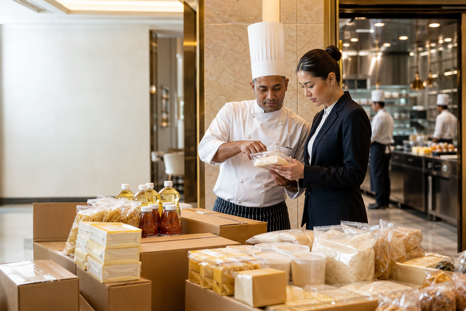 Hotel chef and purchasing professional inspecting dairy oils sauces and dry goods