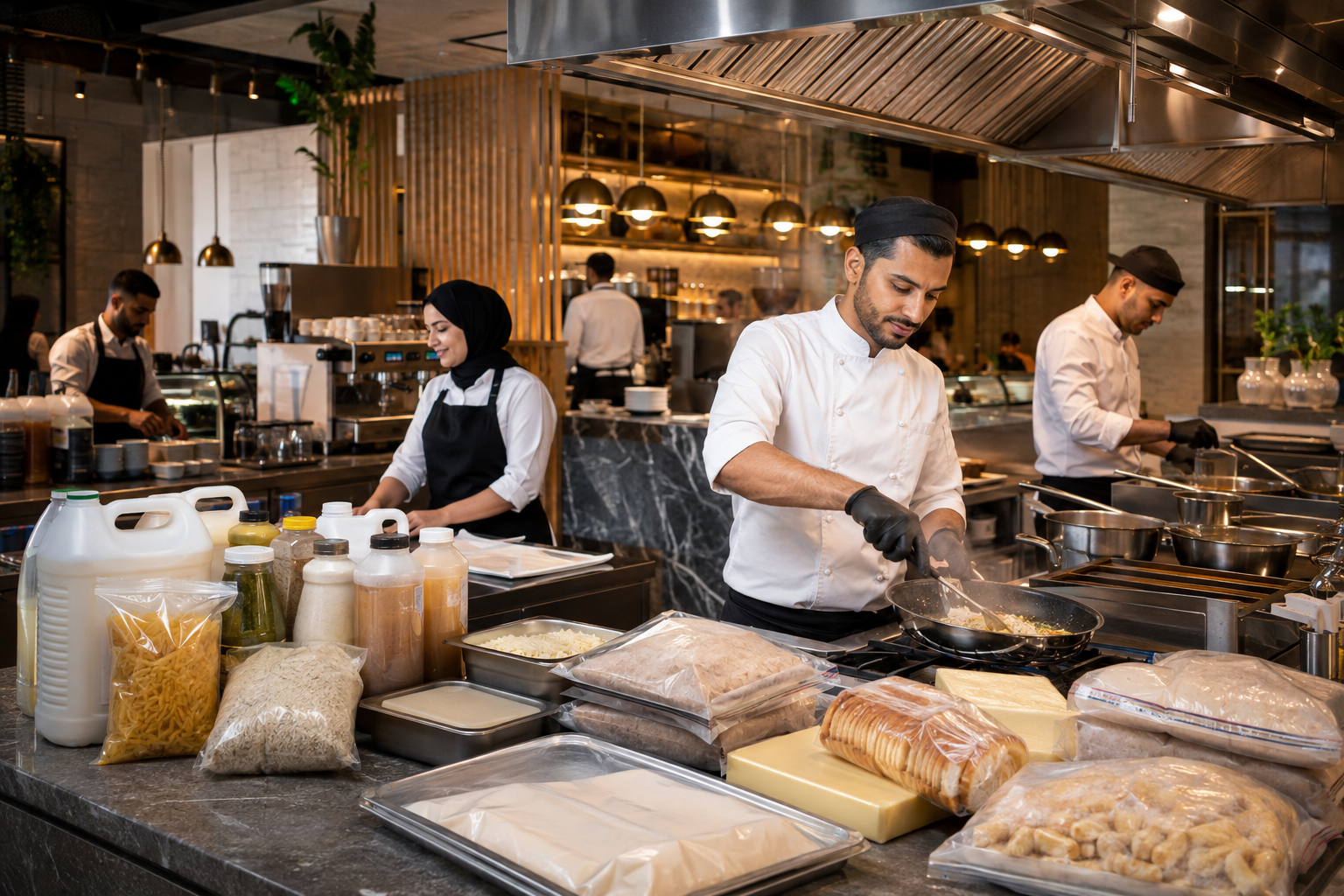 Restaurant and cafe team working with dairy sauces oils bakery and dry goods