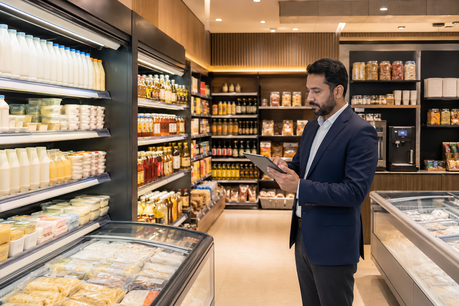 Retail buyer reviewing dairy oils sauces packaged goods and frozen products