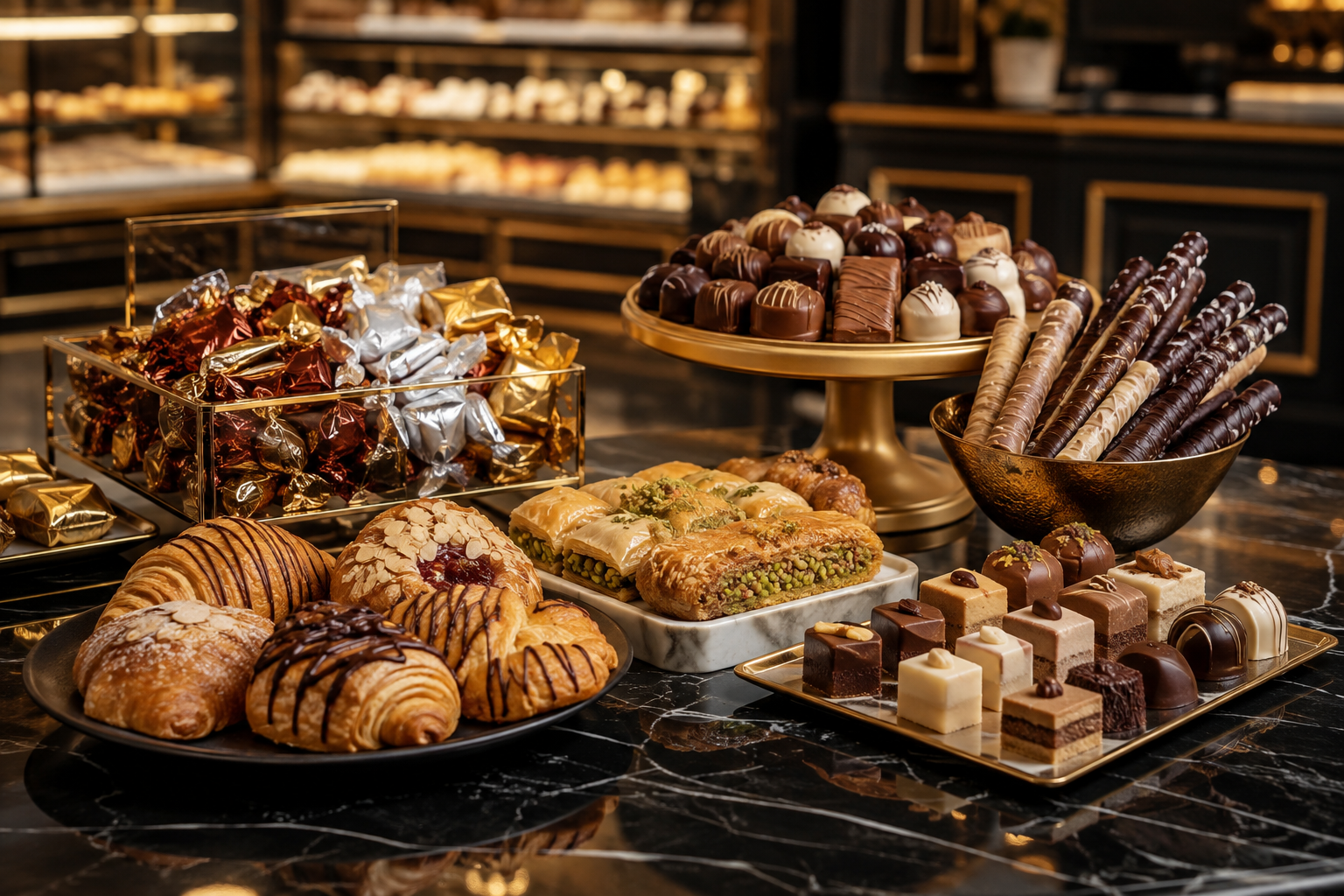Chocolate confectionery wafer sticks bakery and pastry selection