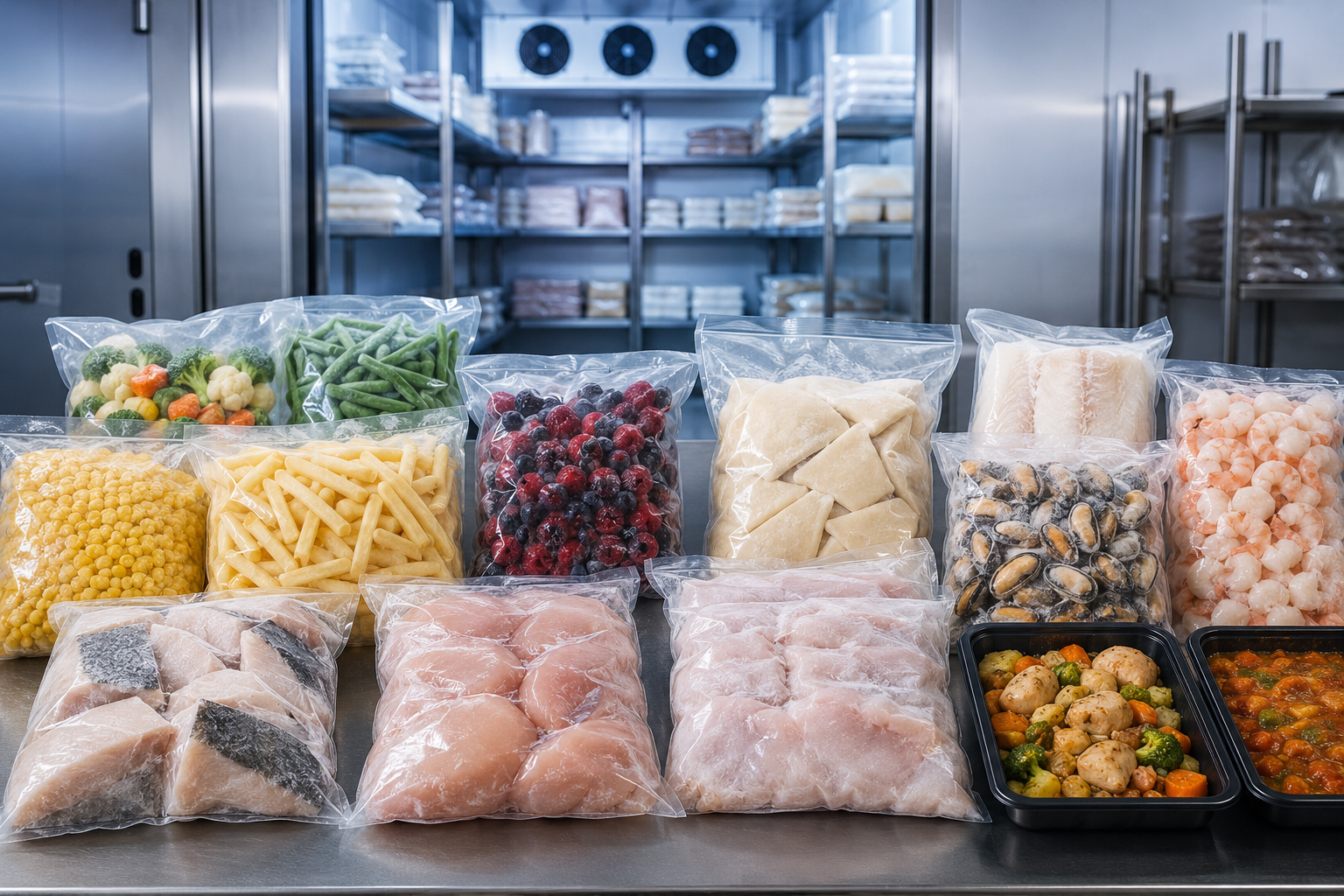 Frozen vegetables French fries berries seafood chicken and ready-to-cook products